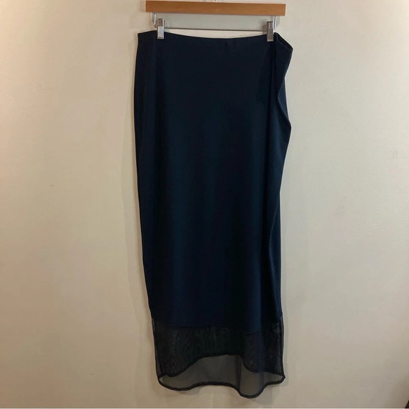 SYMPLI Sz 16 Stretchy Straight Elastic Waist High Low Mesh Hem Skirt in Blue - Picture 8 of 8
